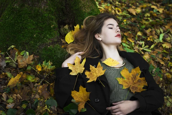 genç güzel kız sonbahar ortasında arka planda bırakır