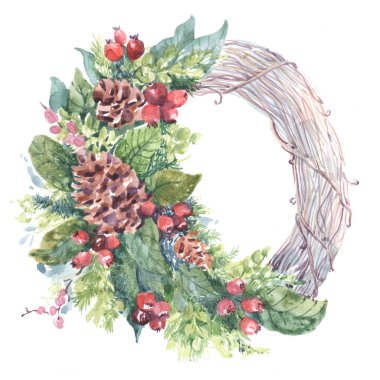 Kış tatil çelenk suluboya çizimi