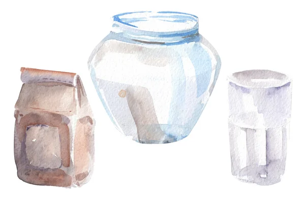 Watercolor illustration. Jar, glass, paper bag — ストック写真