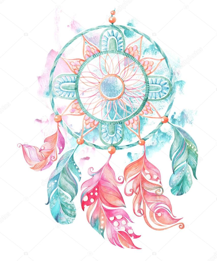 Watercolor dream catcher with feathers