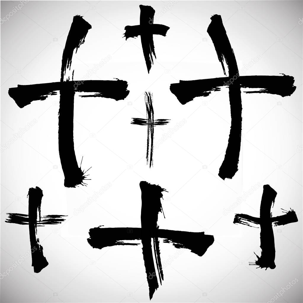 Grungy religion symbol. Set of black grungy crosses