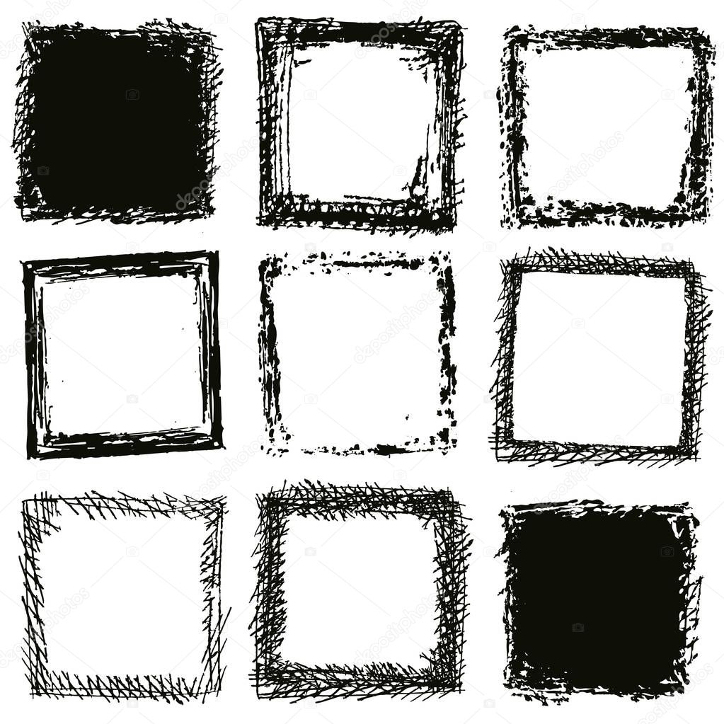 Grungy square frames. Set of inky square backgrounds