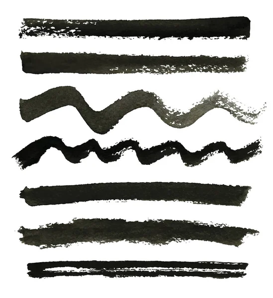 검정 잉크 스트로크의 집합입니다. 검은 페인트 브러시. 잉크의 지저분한 라인. — 스톡 벡터