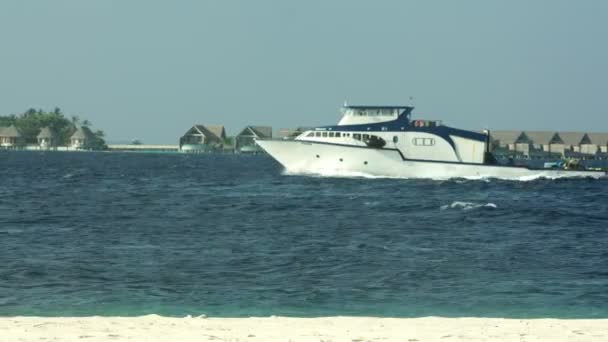 Speed båt i havet med ö och ljusblå himmel bakgrund. — Stockvideo