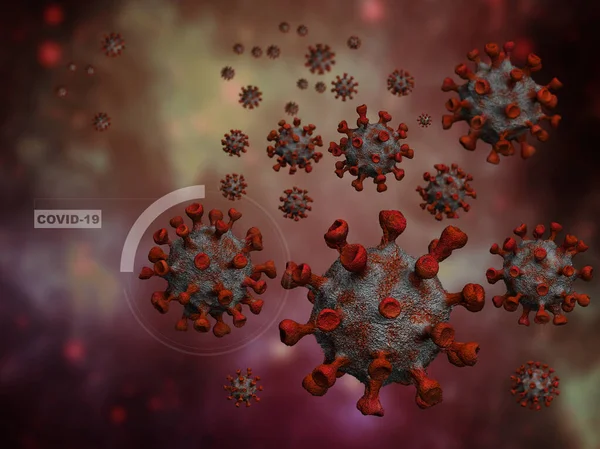 Siyah Zemin Üzerinde Covid Coronavirus Kırmızı Virüs Hücreleri Çizimi Tehlikeli - Stok İmaj