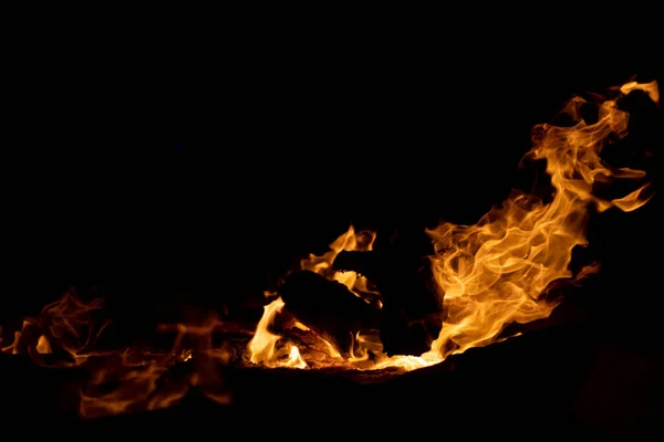 Bright Vivid Golden Flames Fire Black Background — Stock Photo, Image