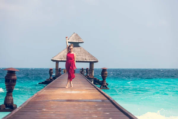 Joyful Young Happy Girl Red Jumpsuit Standing Wooden Pier Water — Stock Photo, Image