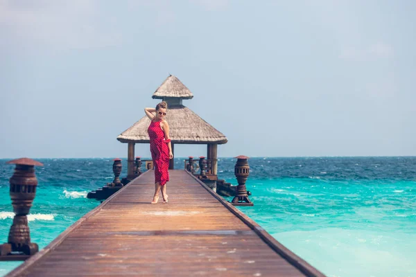 Joyful Young Happy Girl Red Jumpsuit Standing Wooden Pier Water — Stock Photo, Image