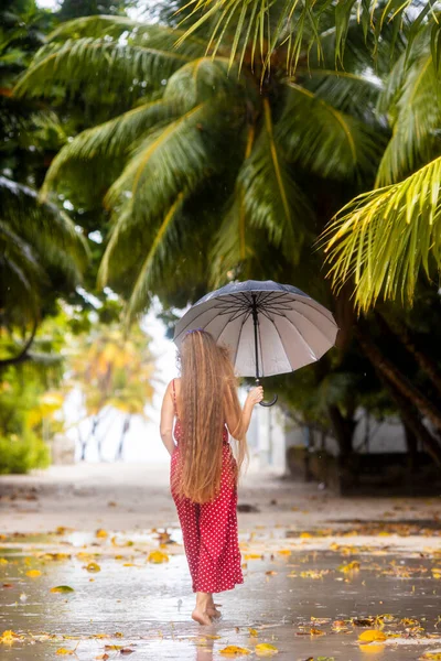 Back View Beautiful Young Woman Very Long Hairs Red Jumpsuit — Stock Photo, Image