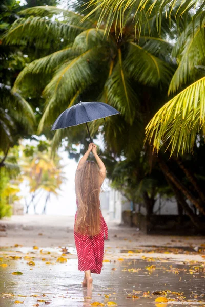 Back View Beautiful Young Woman Very Long Hairs Red Jumpsuit — Stock Photo, Image