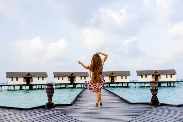 Back View Joyful Cute Attractive Young Happy Long Hair Girl — Stock Photo, Image