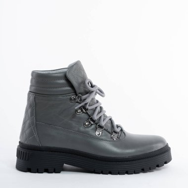 Düşük gri deri kadın dantelli yarı ayakkabı