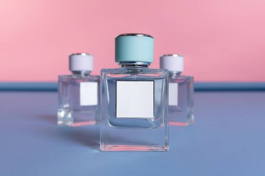 Stüdyoda pembe, mavi bir standın üzerinde boş bir etiket bulunan parfüm şişeleri. Tanıtım fotoğrafı.