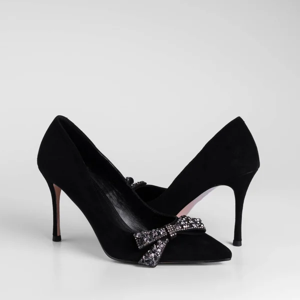 Women Black Suede High Heel Shoes Decorative Bow Element Rhinestones — 图库照片
