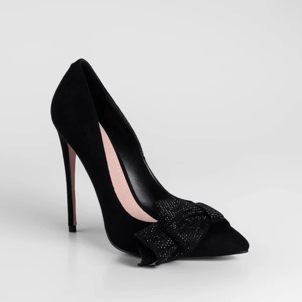 Women Black Suede High Heel Shoe Decorative Bow Element Black — 图库照片