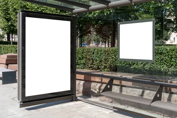 Mock Lightbox Square Banner Wall Bus Stop Street City Espacio — Foto de Stock