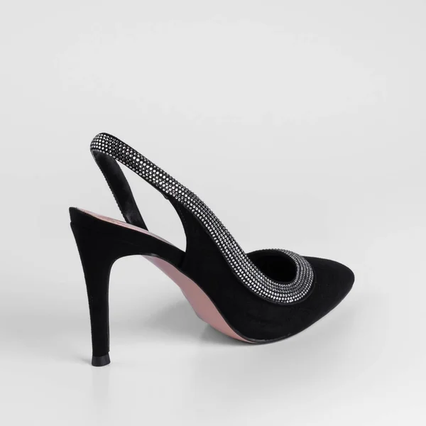 Women Black Suede Heeled Shoe Shiny Rhinestone Trim Top Heel — 图库照片