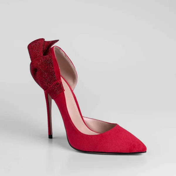 Women Red Suede High Heel Shoe Decorative Rhinestone Bow Heel — 图库照片