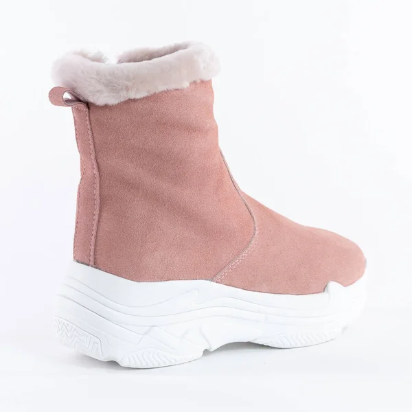 Pink Peach Winter Women Soft Warm Nubuck Fur Flat Boots — Stock Photo, Image