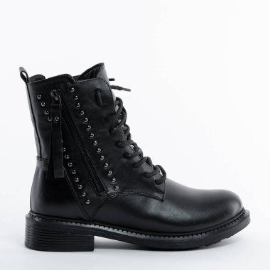 Vahşi yüksek siyah deri kadın yarı sezonluk dantelli çizme