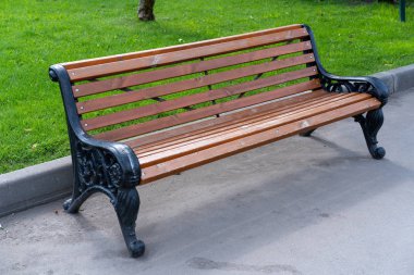 Şehir parkında kaldırımda dövülmüş demir kanatlı ahşap bir bank.