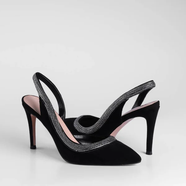 Women Black Suede Heeled Shoes Shiny Rhinestone Trim Top Heel — 图库照片