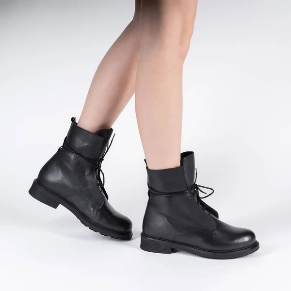 Demi Seasonal Female Leather Shoes Lacing Model Legs Shot Studio — Stok fotoğraf