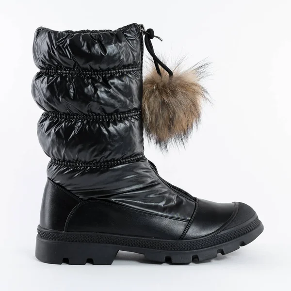 Black Shiny Puffy Demi Seasonal Warm Women Ankle Boot — Stock Photo, Image