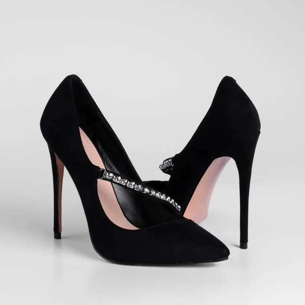 Women Black Suede High Heeled Shoes Decorative Element Strap Shiny — 图库照片