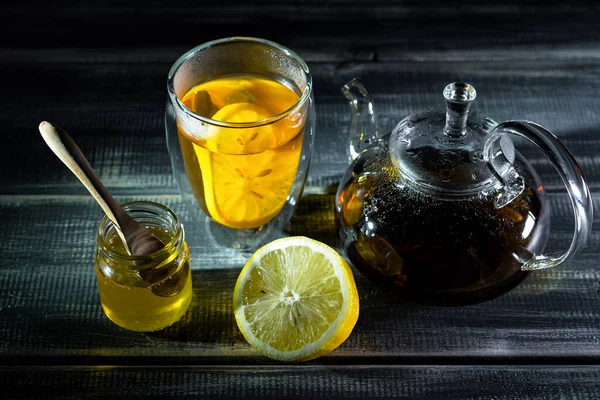 Λεμόνι Μαύρο Τσάι Μέλι Πάρτι Τσαγιού Τσαγιέρα — Φωτογραφία Αρχείου