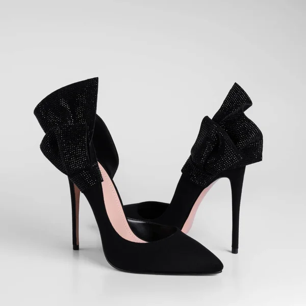 Women Black Suede High Heel Shoes Decorative Bow Element Black — 图库照片