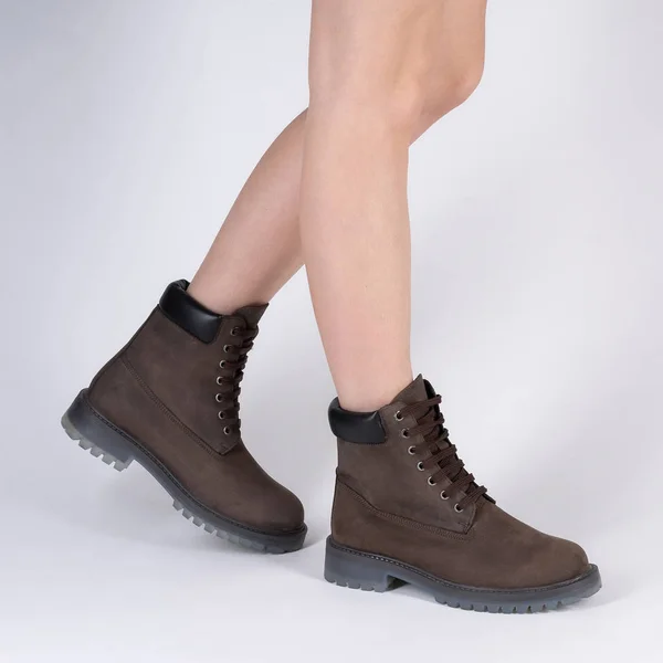 Demi Seasonal Female Leather Shoes Lacing Model Legs Shot Studio — Stockfoto