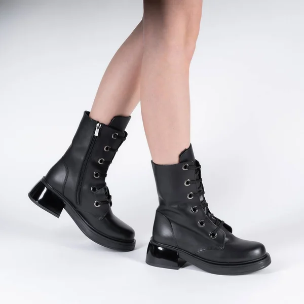 Demi Seasonal Female Leather Shoes Lacing Model Legs Shot Studio — Stok fotoğraf