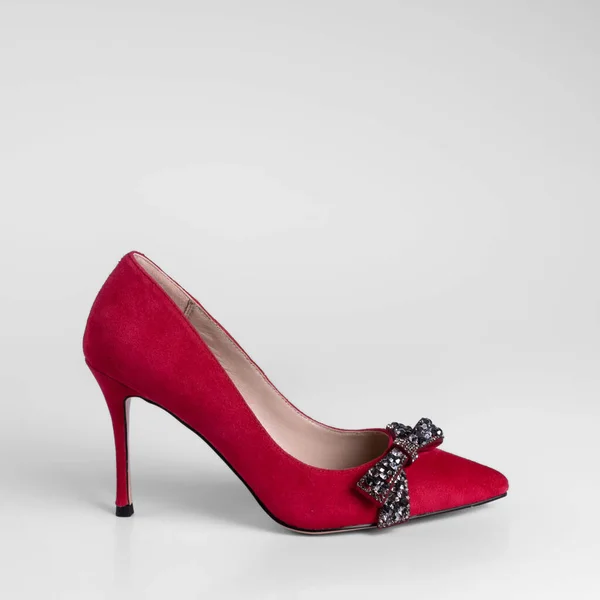 Women Red Suede High Heel Shoe Decorative Bow Rhinestones Toe — 图库照片
