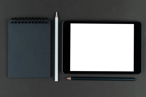 Notebook Nero Matite Bianco Nero Tablet Sfondo Carta Nera Falsificare — Foto Stock