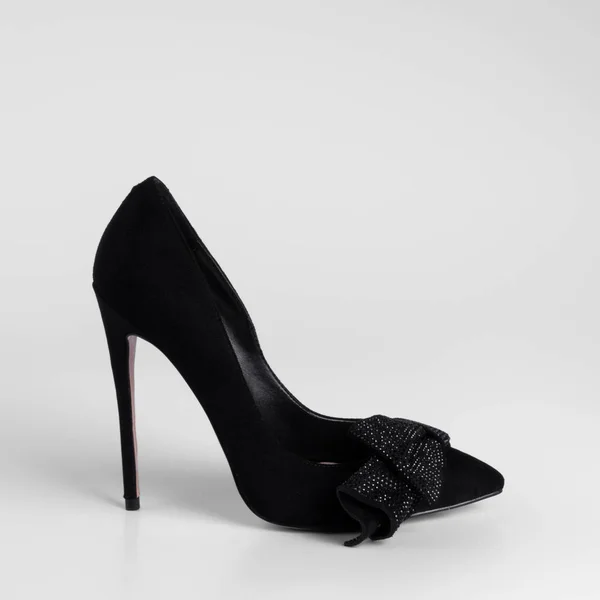 Women Black Suede High Heel Shoe Decorative Bow Element Black — 图库照片