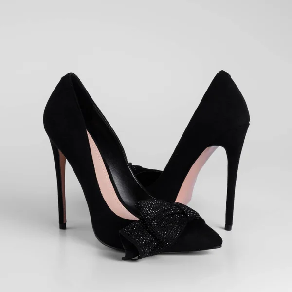 Women Black Suede High Heel Shoes Decorative Bow Element Black — 图库照片