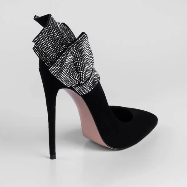 Women Black Suede High Heel Shoe Decorative Bow Element Shiny — Stok fotoğraf