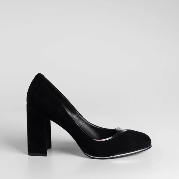 Women Black Suede Shoe Transparent Inserts High Thick Heel Close — 图库照片
