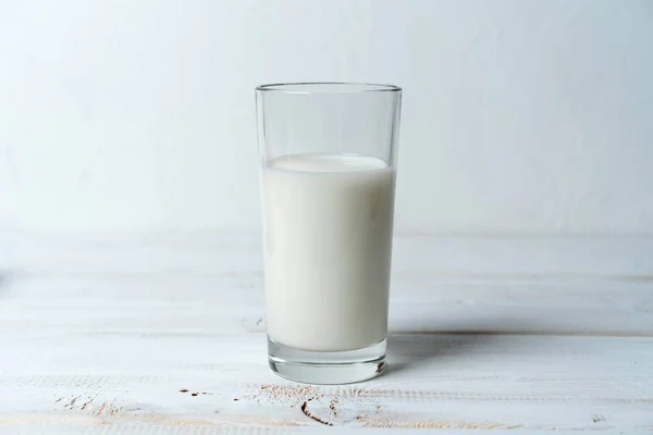 Glass Milk White Wooden Table Copy Space Recipe Product Composition — Stock Photo, Image