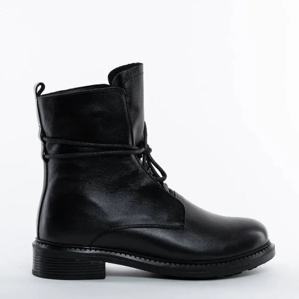 Alta Mulheres Couro Preto Demi Boot Temporada Com Rendas — Fotografia de Stock