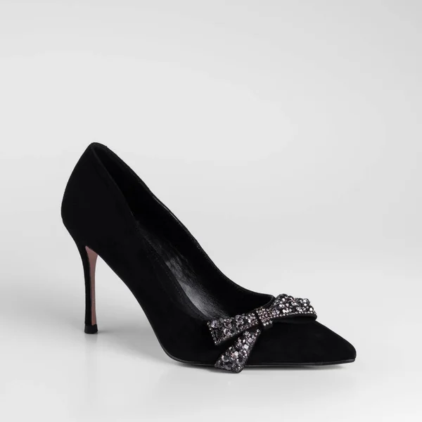 Women Black Suede High Heel Shoe Decorative Bow Element Rhinestones — 图库照片