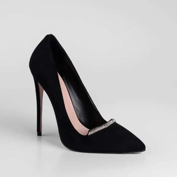 Women Black Suede High Heeled Shoe Decorative Strap Element Shiny — 图库照片