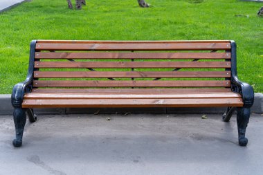 Şehir parkında kaldırımda dövülmüş demir kanatlı ahşap bir bank.
