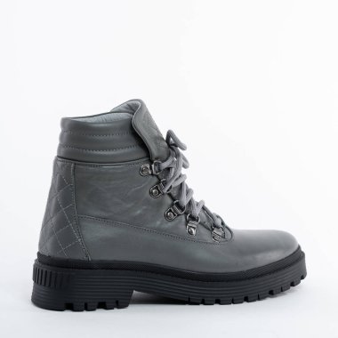 Düşük gri deri kadın, dantelli yarı ayakkabı.