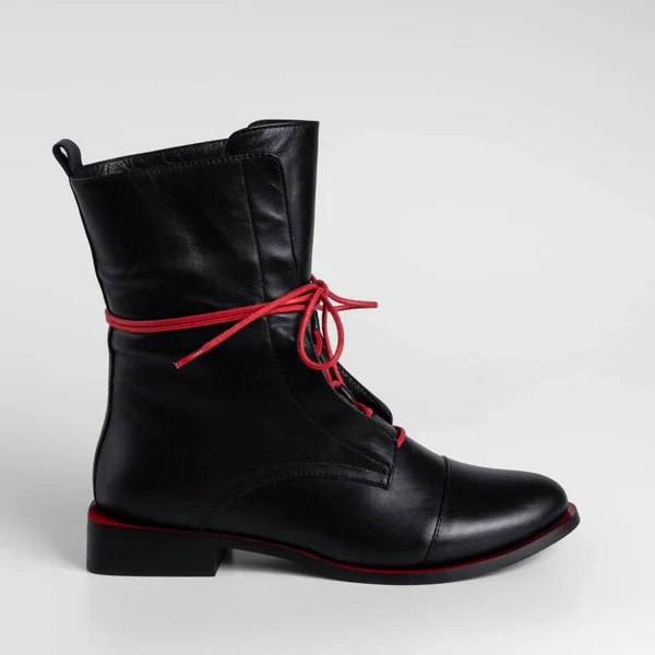 High Black Women Leather Boot Demi Season Flat Sole Red — Stockfoto