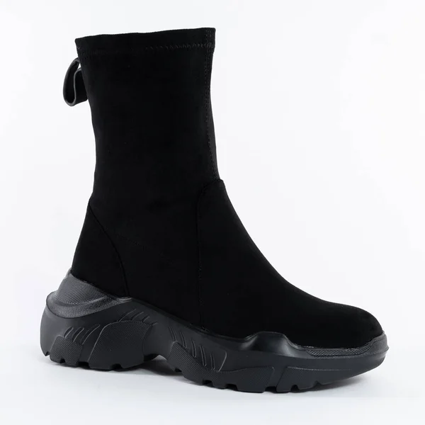 Black Winter Women Soft Warm Nubuck Flat Boot — Stock Photo, Image