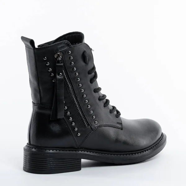 Brutal High Black Leather Women Demi Season Boot Lace White — Stock Photo, Image