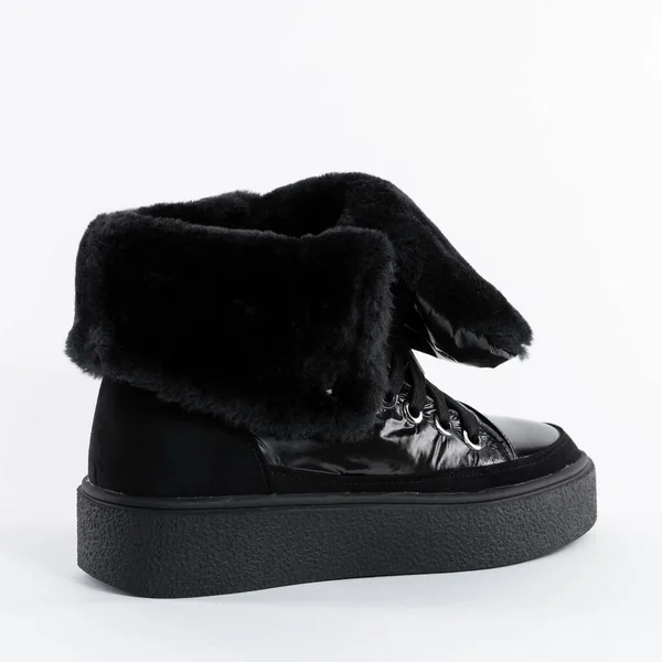 Fekete Tél Nők Alacsony Cipő Szőrme — Stock Fotó