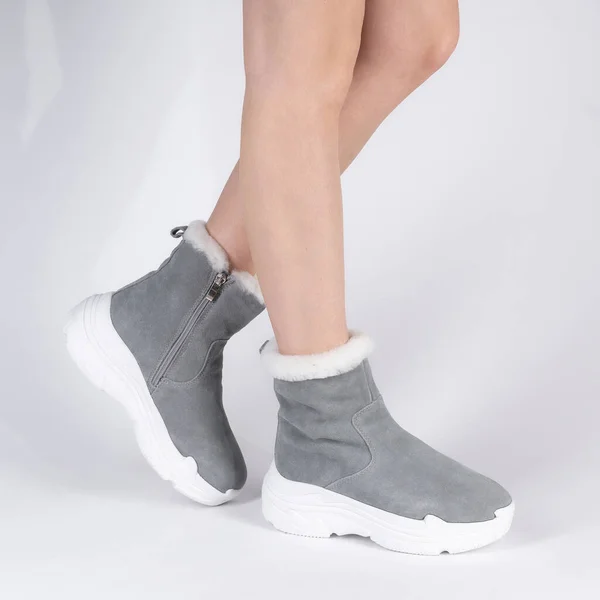 Stylish Soft Warm Winter Boots Fur Photo Legs Model White — 图库照片